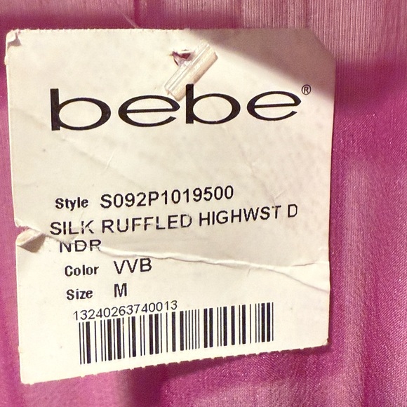 Bebe NWT Size M Pretty Pink Purple Black Silk High Waisted Ruffled Dress. (0573) - Picture 11 of 16